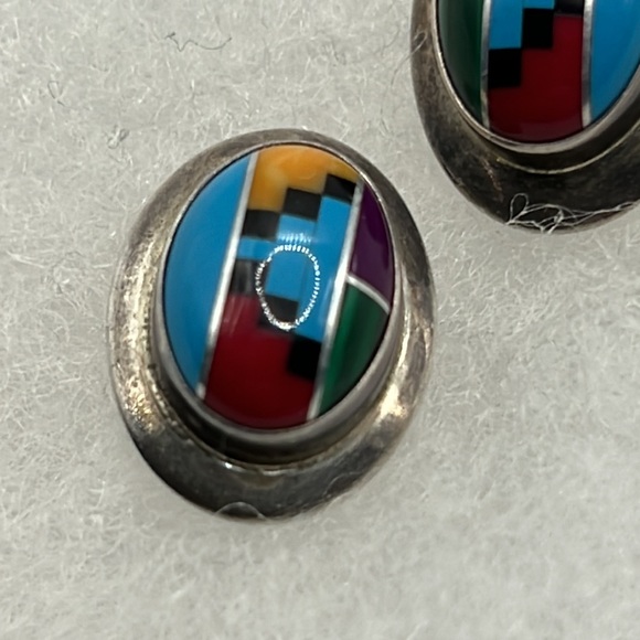SOUTHWESTERN MULTI STONE INLAY STERLING SILVER POST EARRINGS - Picture 3 of 7